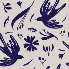 Seamless pattern botanical hand drawn ethno style ornament with birds. Abstract trendy monochrome print. Fashionable vector template for your design. 