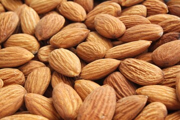 Pile of almond seeds close-up as background. Pile of apricot kernel peeled. Healthy eating diet, nutrition, vegan concept. Protein organic food. Dry snack. National nut day. Copy space for text