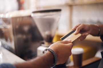 Credit card, cashier and hands of customer in cafe for payment, financial transaction and point of...