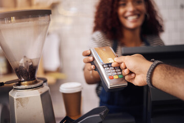 Credit card, nfc and hands of customer in cafe for b2c shopping, point of sale transaction or...