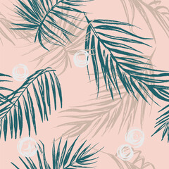 Fototapeta na wymiar Tropical seamless pattern with palm texture leaves. Vector illustration in trendy pink and green colors.