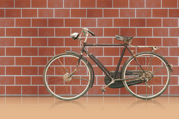 side view antique and rust black frame bicycle on orange floor, brown brick wall background, object, decor, transport, copy space