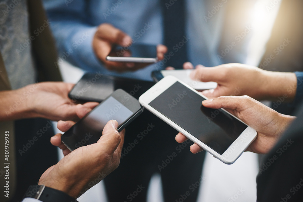 Poster business people, hands and phone with digital and screen in a office with online data. contact, coll