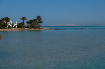 Fototapeta premium A house and palms at beautiful island in El Gouna, Red Sea, Egypt, Africa