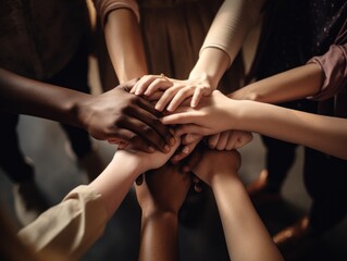 A dynamic composition capturing the energy and excitement of a group of multiracial friends stacking hands. Generative AI