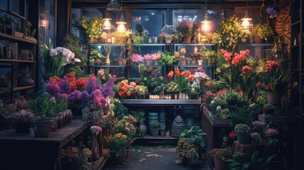 Fototapeta na wymiar flower market filled with lots of colorful flowers. generative ai