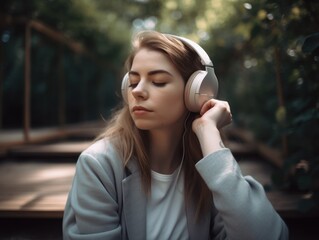 A relaxed portrait of a Caucasian woman with closed eyes, wearing stylish wireless headphones, sitting on a bench in the park with a peaceful expression, surrounded by greenery. Generative AI