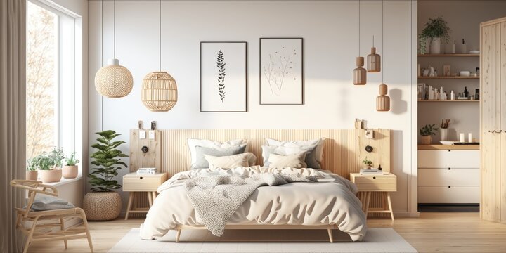 Scandinavian style bedroom with natural wood furniture Generative AI