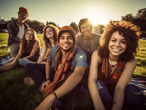 Photo of A stylized group portrait of multiethnic friends and family lounging on the grass in a vibrant urban park, shot using a wide. Generative AI