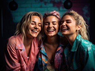 Obraz premium Playful and upbeat image of three young women enjoying each other's company in a stylish sports studio. Generative AI