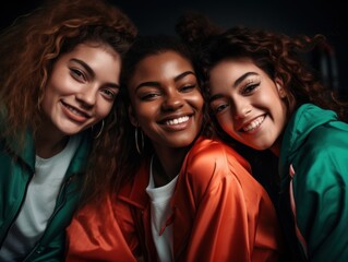 Fototapeta premium Playful and upbeat image of three young women enjoying each other's company in a stylish sports studio. Generative AI