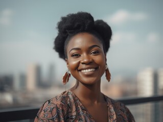 Portrait of a radiant African woman with a megawatt smile, standing confidently in front of an urban skyline. Generative AI