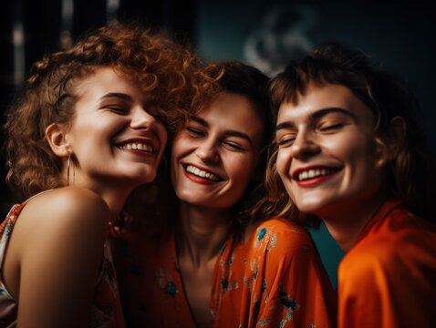 Playful and upbeat image of three young women enjoying each other's company in a stylish sports studio. Generative AI