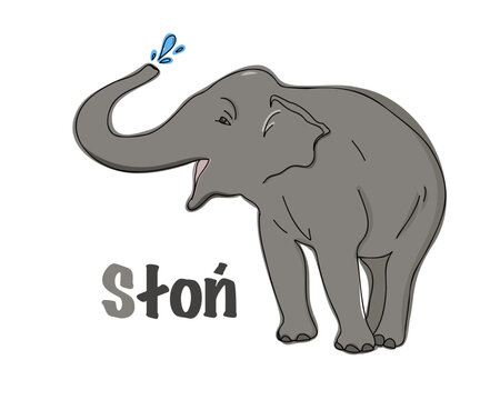Polish alphabet with a picture of an elephant. Translation from Polish: elephant. vector cartoon hand drawn illustration