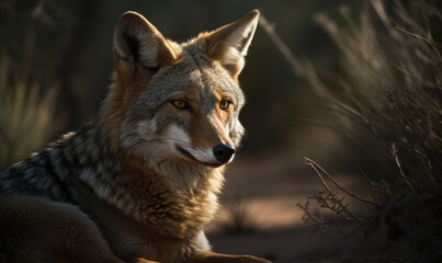 Fototapeta premium close up photo of jackal on blurry forest background. Generative AI