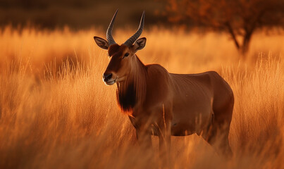 Obraz premium Hartebeest standing tall on golden savannah, bathed in warm glow of setting sun. lighting adds depth & drama to the scene, emphasizing hartebeest's regal presence in its natural habitat. Generative AI