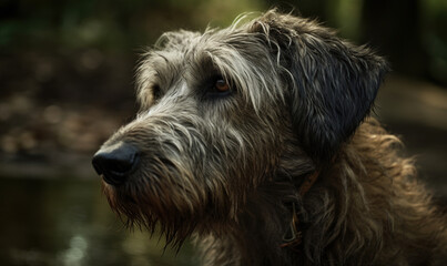 close up photo of Irish wolfhound on blurry forest background. Generative AI