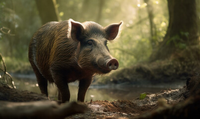 sunrise photo of hog in its natural habitat with forest background. Generative AI