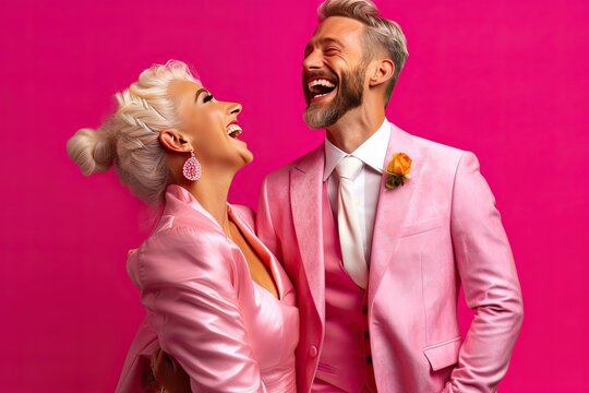 Laughing crazy wedding couple on with neon pink Background (Generative AI, Generativ, KI)