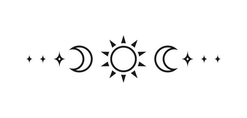 Celestial text divider with sun, stars, moon phases, crescents. Ornate boho mystic separator decorative element