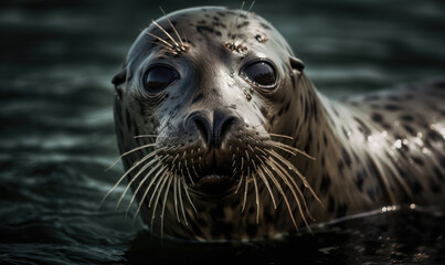 Fototapeta premium close up photo of harbour seal with blurry natural background. Generative AI