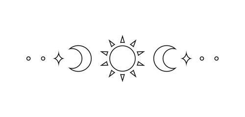 Celestial text divider with sun, stars, moon phases, crescents. Ornate boho mystic separator decorative element