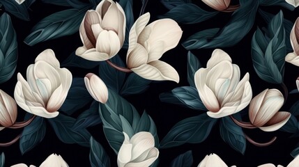 Premium wallpaper, mural art. Floral seamless pattern, magnolia flowers, tropical design in dark blue colors. Watercolor 3d illustration. Baroque style, digital paper. Modern background, Generative AI