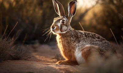 Fototapeta premium Desert Runner: Photo of jackrabbit, poised and alert in a dry, sunbaked desert, image showcases the rabbit's agility, speed, and keen senses. Generative AI