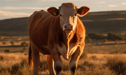 sunset photo of heifer bovine in its natural habitat. Generative AI