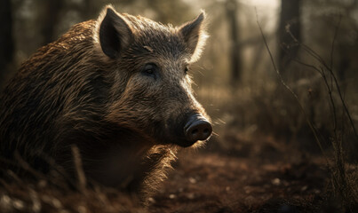 close up photo of hog on blurry forest background. Generative AI