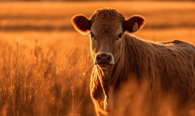 Heifer bovine, peacefully grazing in golden wheat field, illuminated by warm rays of setting sun highlighting every intricate detail of heifer's fur, muscular build & peaceful demeanor. Generative AI