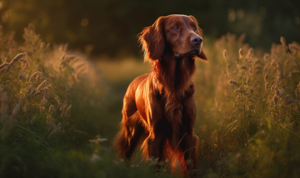 Photo of Irish setter, standing tall amidst a field of lush green grass, its rich auburn coat glistening in the soft, warm light of the setting sun. Generative AI