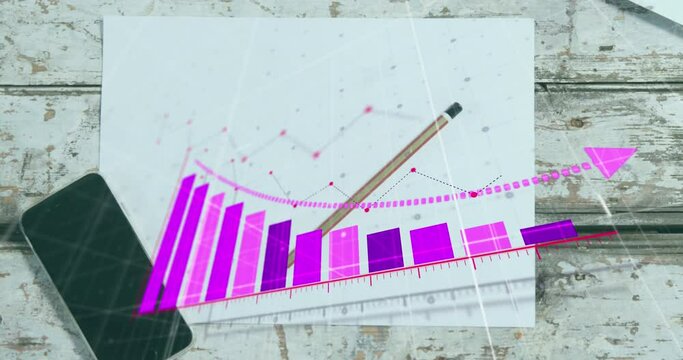 Animation of statistical data processing against smartphone, blank paper and pencil on wooden table