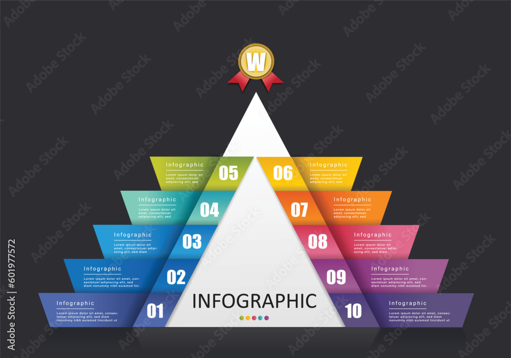 Poster vector triangular pyramidal infographic with hierarchical hierarchy showing 10 layers of gradients i