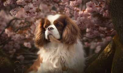 Cherry Blossom Dreams: Photo of Japanese Spaniel in Traditional Garden, surrounded by blooming cherry blossom trees showcasing the spaniel's silky coat and adorable expression. Generative AI