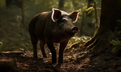 photo of Hampshire pig standing on a forest path. Generative AI