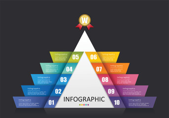vector triangular pyramidal infographic with hierarchical hierarchy showing 10 layers of gradients in bright colors on a modern gray background for finance education presentation and administration. - obrazy, fototapety, plakaty