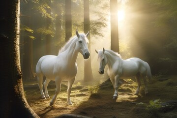 Obraz na płótnie Canvas Two white horses in the forest at sunset. The concept of a healthy lifestyle. generative ai
