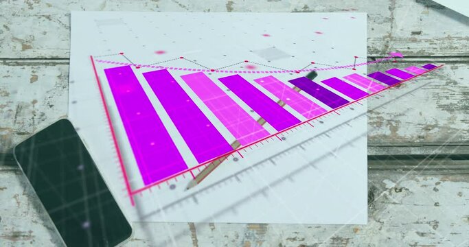 Animation of statistical data processing over smartphone, blank paper and coffee cup on wooden table