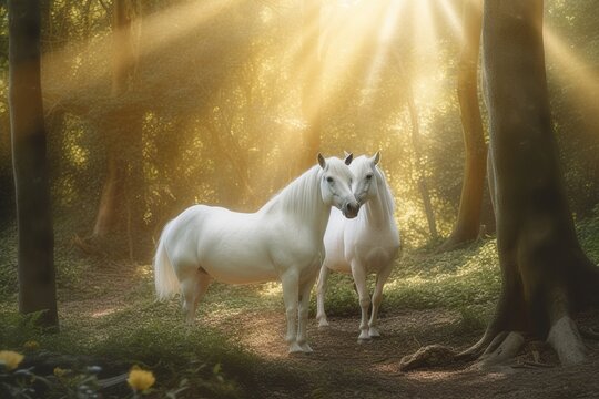Two white horses in the forest at sunset. The concept of a healthy lifestyle. generative ai