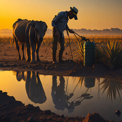 farmer searching water with his cow