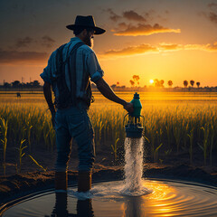 farmer with water at sunset