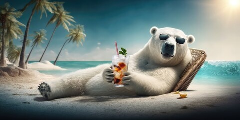 polar bear is on summer vacation at seaside resort and relaxing on summer beach Generative AI