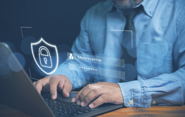 In the future, protection identity theft from the cyber world. Privacy security login. Businessman...