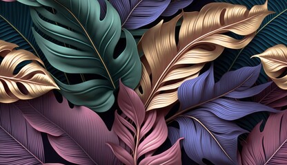 Luxury wallpaper, premium texture, seamless background, pattern. Tropical leaves in blue, gold, pink rose colors. Shiny trendy 3d illustration, art. Digital paper, packaging, websites,  Generative AI