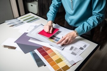 selection sample renovation designer color choice swatch interior project design palette. Generative AI.