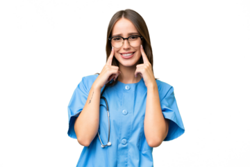 Young nurse caucasian woman over isolated background smiling with a happy and pleasant expression