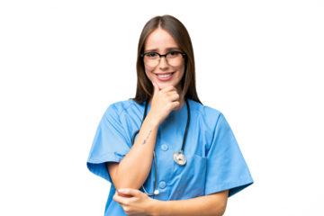 Young nurse caucasian woman over isolated background with glasses and smiling