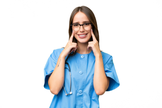 Young nurse caucasian woman over isolated background smiling with a happy and pleasant expression