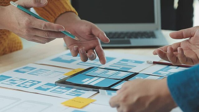 ux Graphic designer creative sketch planning application process development prototype wireframe for web mobile phone . User experience concept.